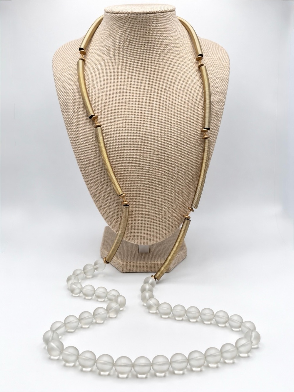 Vintage Extra Long Statement Necklace Frosted Beads Gold Tone Coil Tubes Moderni